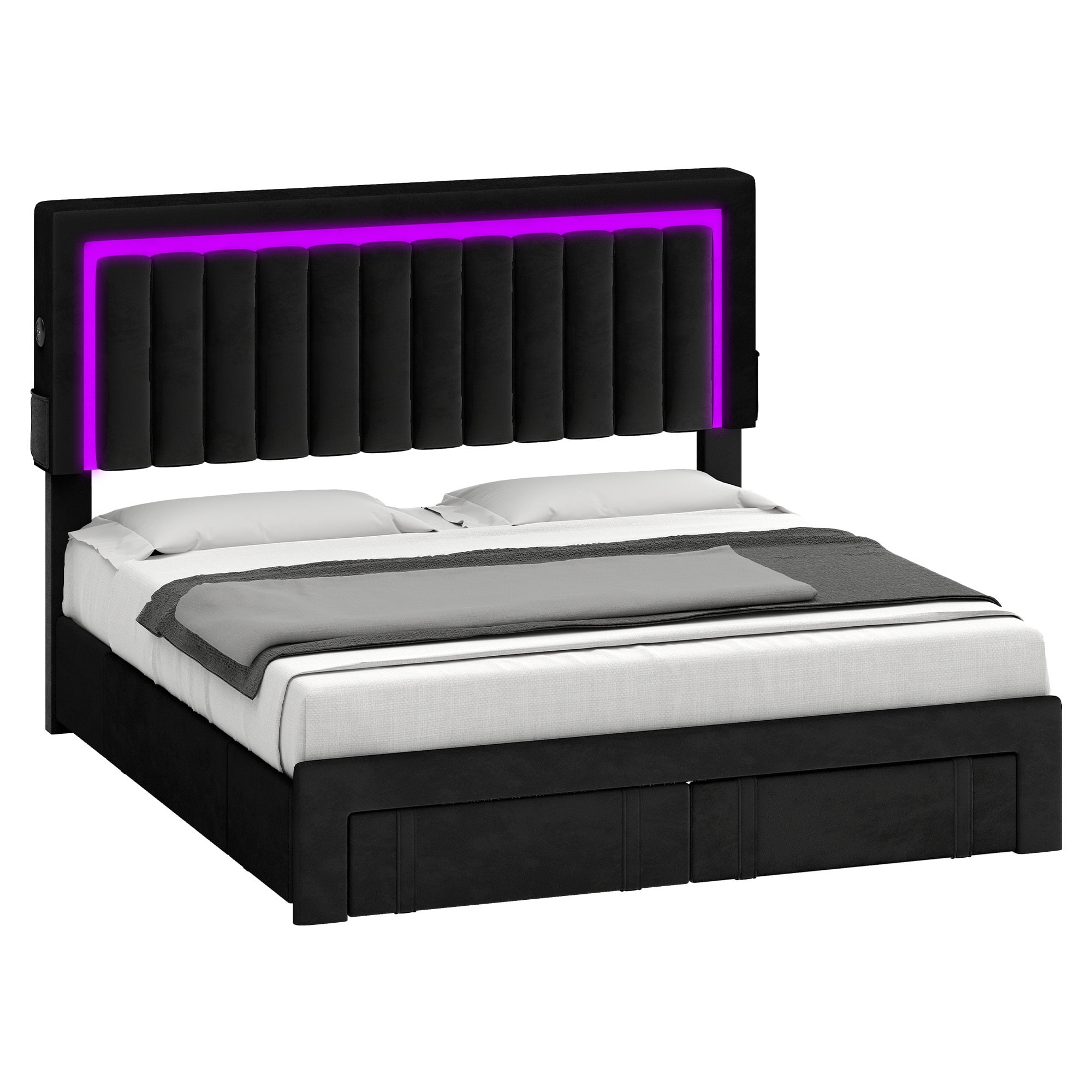 Uforic Queen Size Black Velvet Upholstered Platform Bed Frame with RGB LED Lights, 4 Storage Drawers & USB Ports