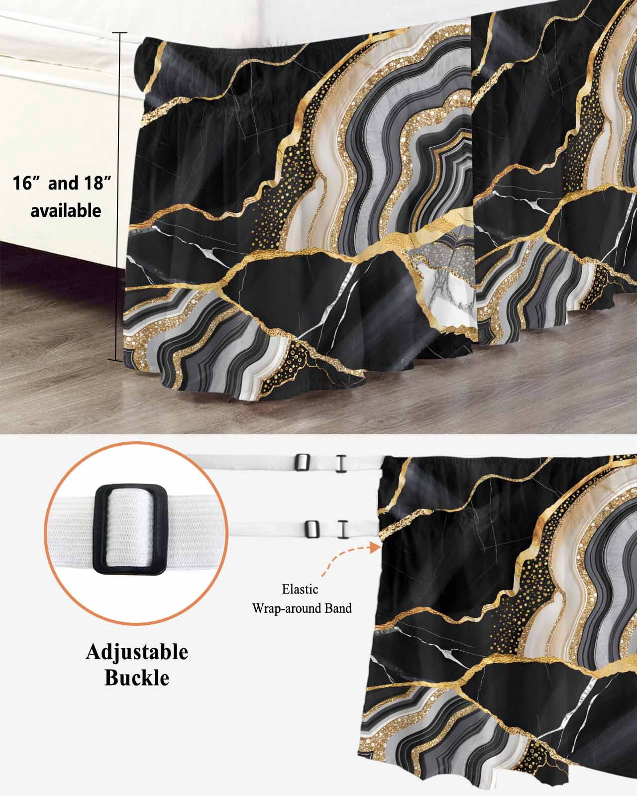 Black Gold Marble Bed Skirt Glitter Geometric Marble Foil Texture Bed Skirts King Size 16 Inch Drop, Wrap Around Dust Ruffle&nbsp;Bedskirt with Adjustable Elastic Belt for Queen Size Beds