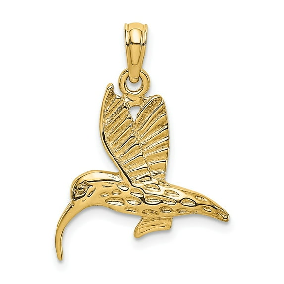 FB Jewels 14K Yellow Gold Hummingbird Flying 2D and Textured with Curved Beak Pendant
