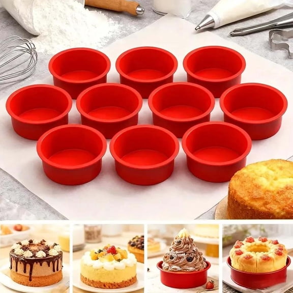 10 Pcs Reusable Silicone Cake Moulds, 4-inch Silicone Mould Baking Tray, DIY Baking Cake Mould for Oven Air Fryer, Silicone Cake Pan Set, Red