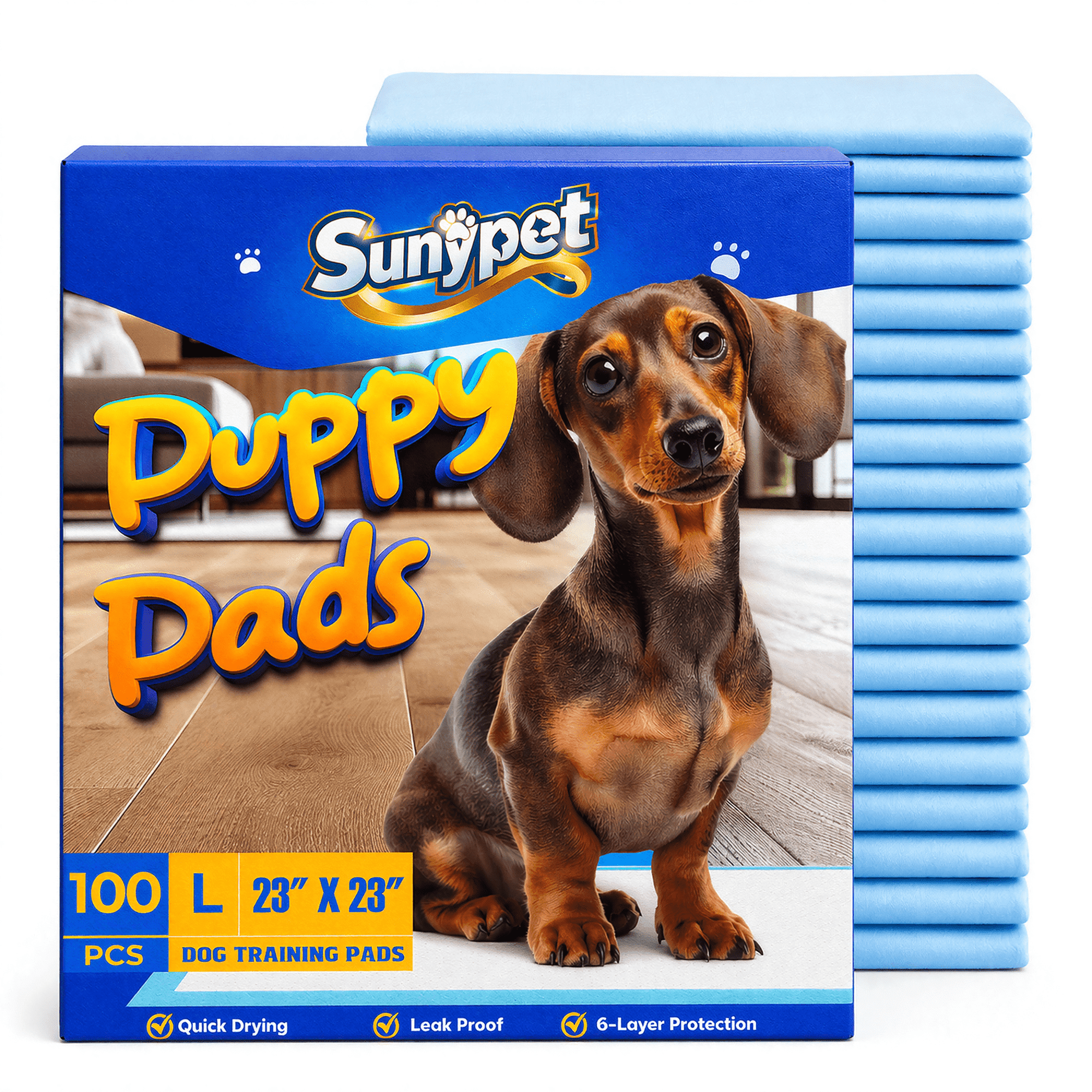 Sunypet Puppy Pads Disposable Dog Potty Training Pads, Quick Dry, Ultra Absorbent, L 23"x23", 100ct