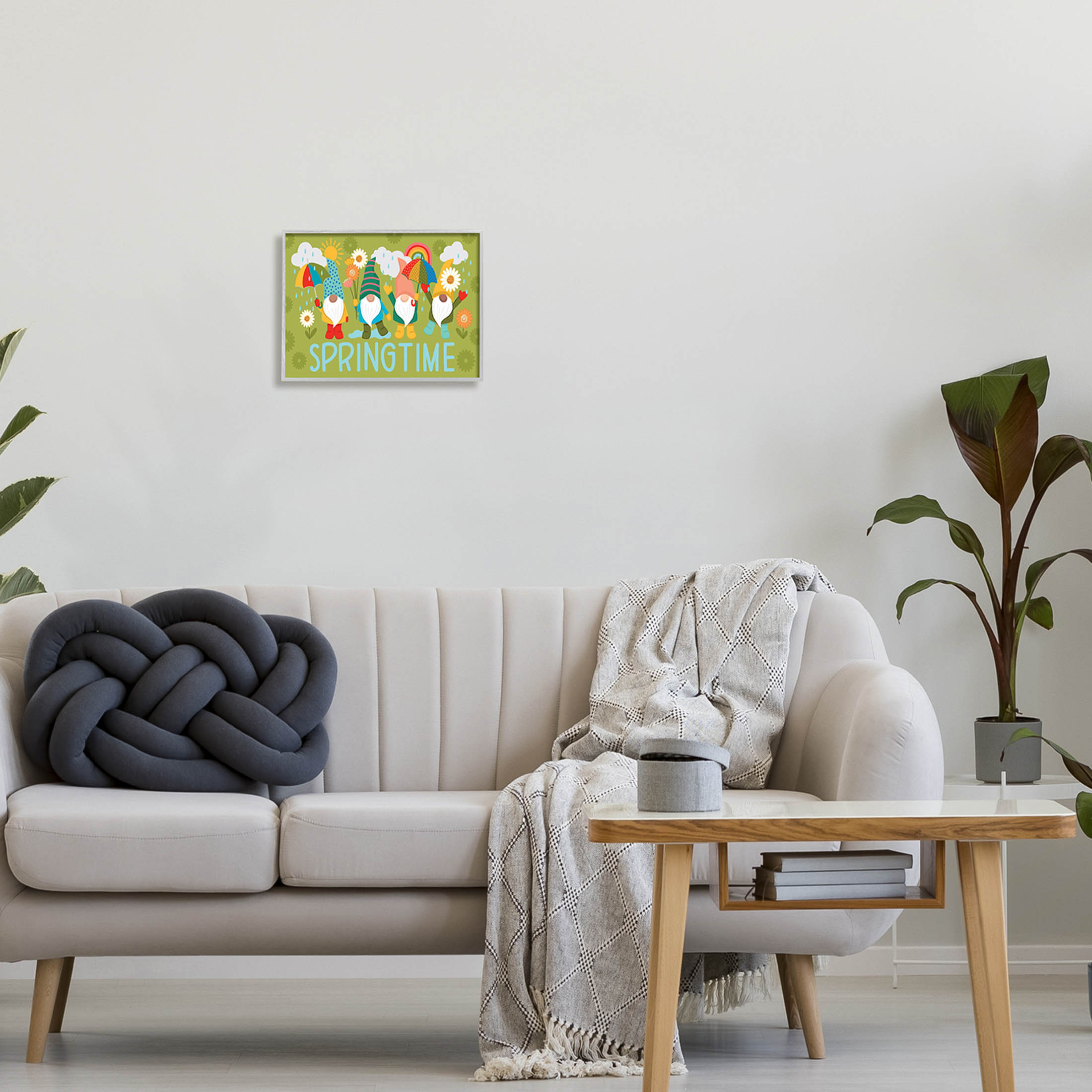 Springtime Rainy Garden Gnomes Holiday Graphic Art Gray Framed Art Print Wall Art