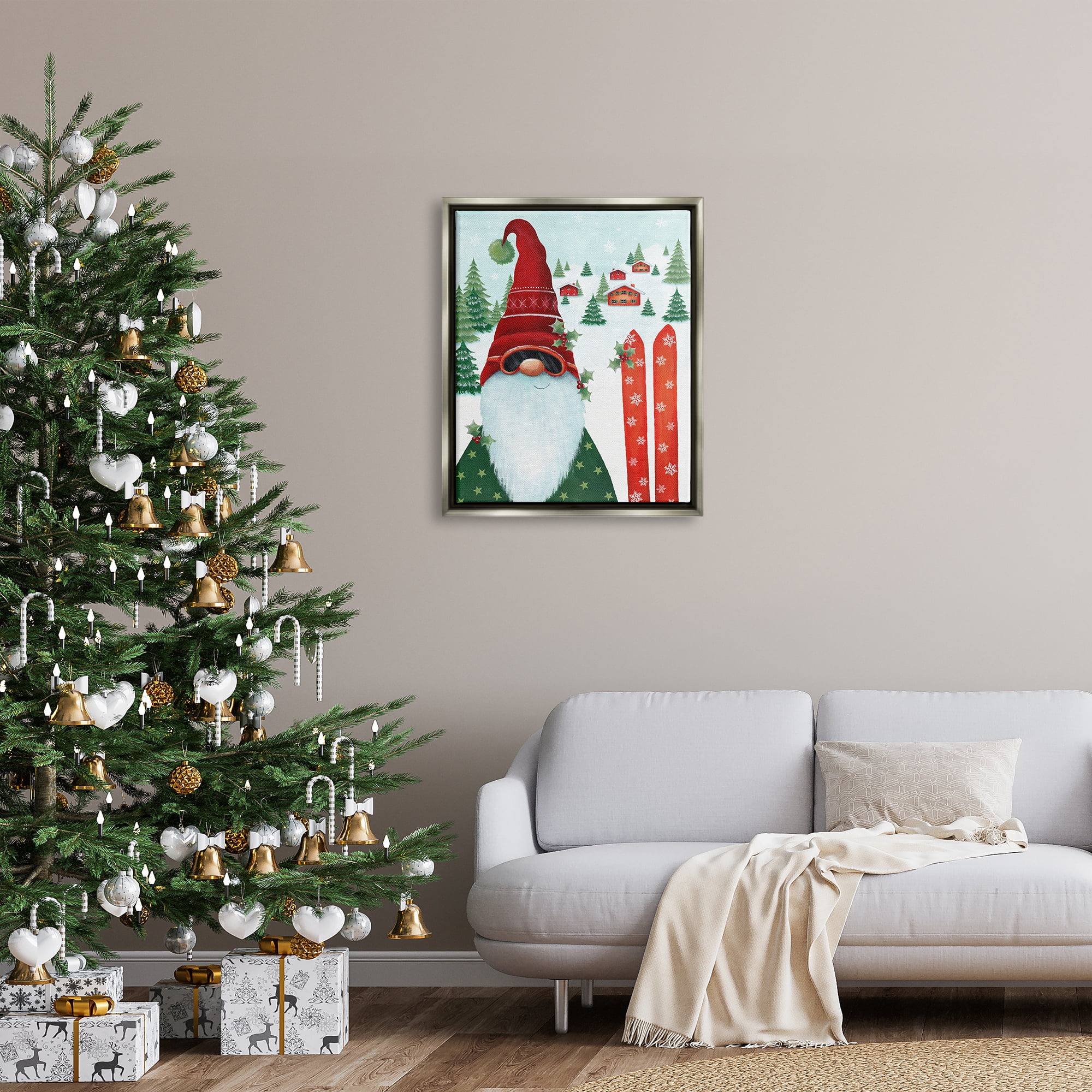 Stupell Industries Gnome Skiing Winter Slopes Holiday Painting Gray Floater Framed Canvas Art Print Wall Art, 25 x 31