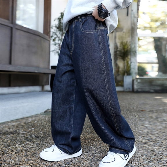 Ticikt Boys Wide Leg Jeans, Elastic Back Waist Loose Straight‑Leg Denim Pants, Classic Casual Trousers for Big Kids Daily Outfit,Blue