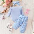 thumbnail image 5 of Akiihool Baby Girl Outfits Fall Winter Ribbed Knit Outfit Long Sleeve Romper Bodysuit Bow Pants Headband Set (Sky Blue,0-3 Months), 5 of 9