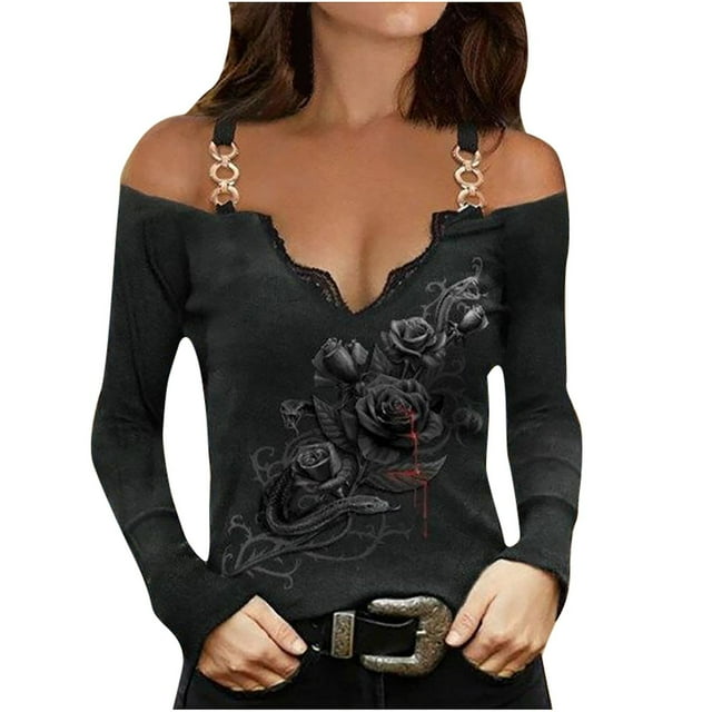 Blusa HUOGUO sexy de metal sin tirantes con estampado de calaveras con cuello en V para mujer