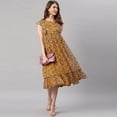 thumbnail image 3 of Janasya Summer Boho Round Neck Short Sleeve Floral Mustard Poly Georgette Flowy Midi Dress For Women, 3 of 7