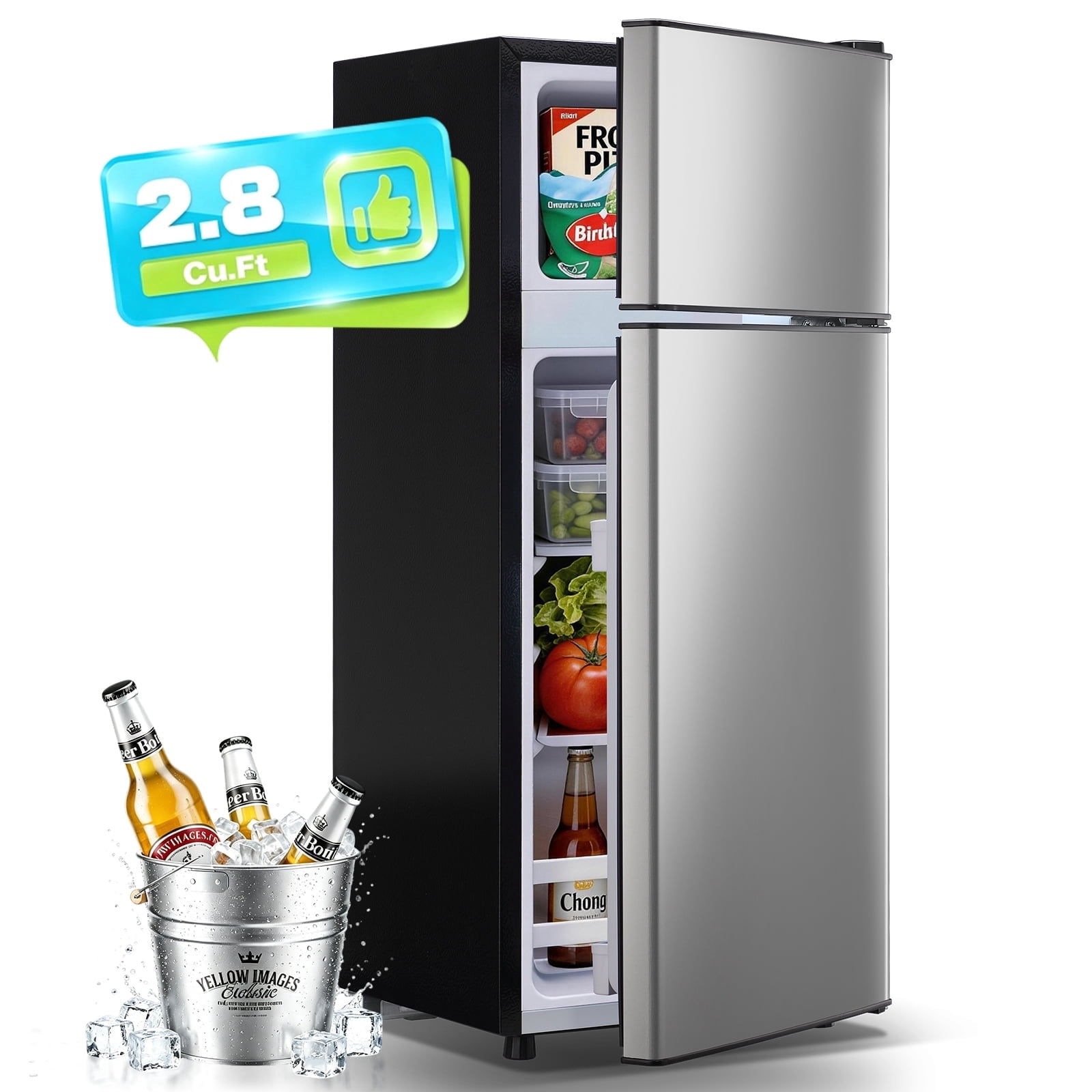 JIEJIA 2.8 Cu.ft Mini Fridge with Freezer Bedroom, 2 Door Office Small Refrigerator, Silver