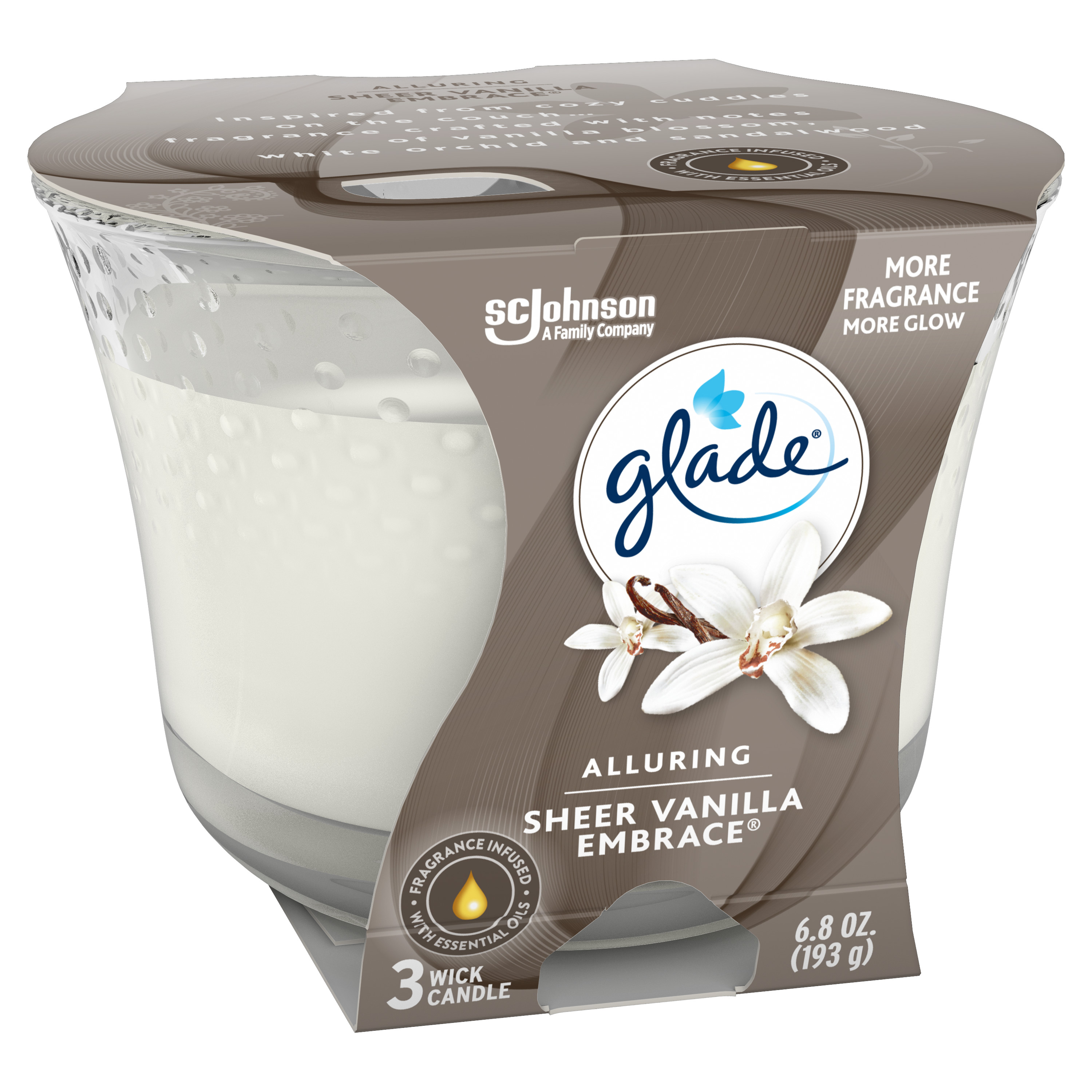 Glade Candle Alluring Sheer Vanilla Embrace Scent, 3-Wick, 6.8 oz (193 g), 1 Count, Fragrance Infused with Essential Oils, Notes of Vanilla Blossom, White Orchid, Sandalwood Scented Candles - image 3 of 12