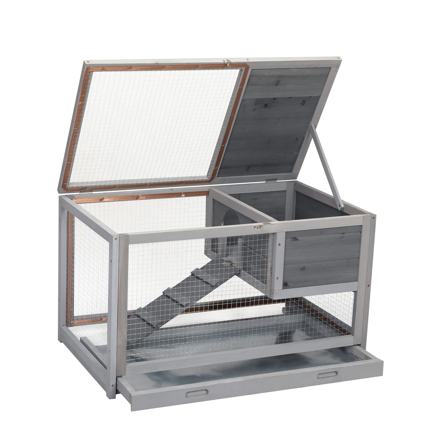 Pefilos 35" 2-Story Wooden Rabbit Hutch, Bunny Cage with Ladder, Openable Roof Guinea Pig Hutch, Gray Pefilos 35" 2-Story Wooden Rabbit Hutch, Bunny Cage with Ladder, Openable Roof Guinea Pig Hutch, Gray