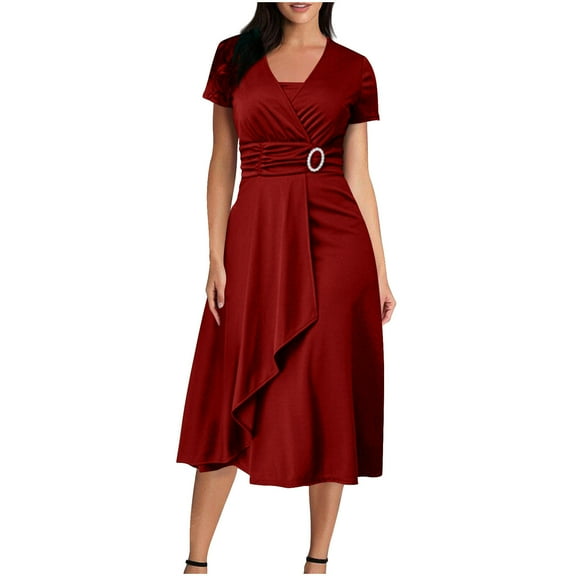 asdoklhq Long Sleeve Dress for Women Short Sleeve Women's Summer Solid Color Short Sleeve -Neck Dress Red 3X