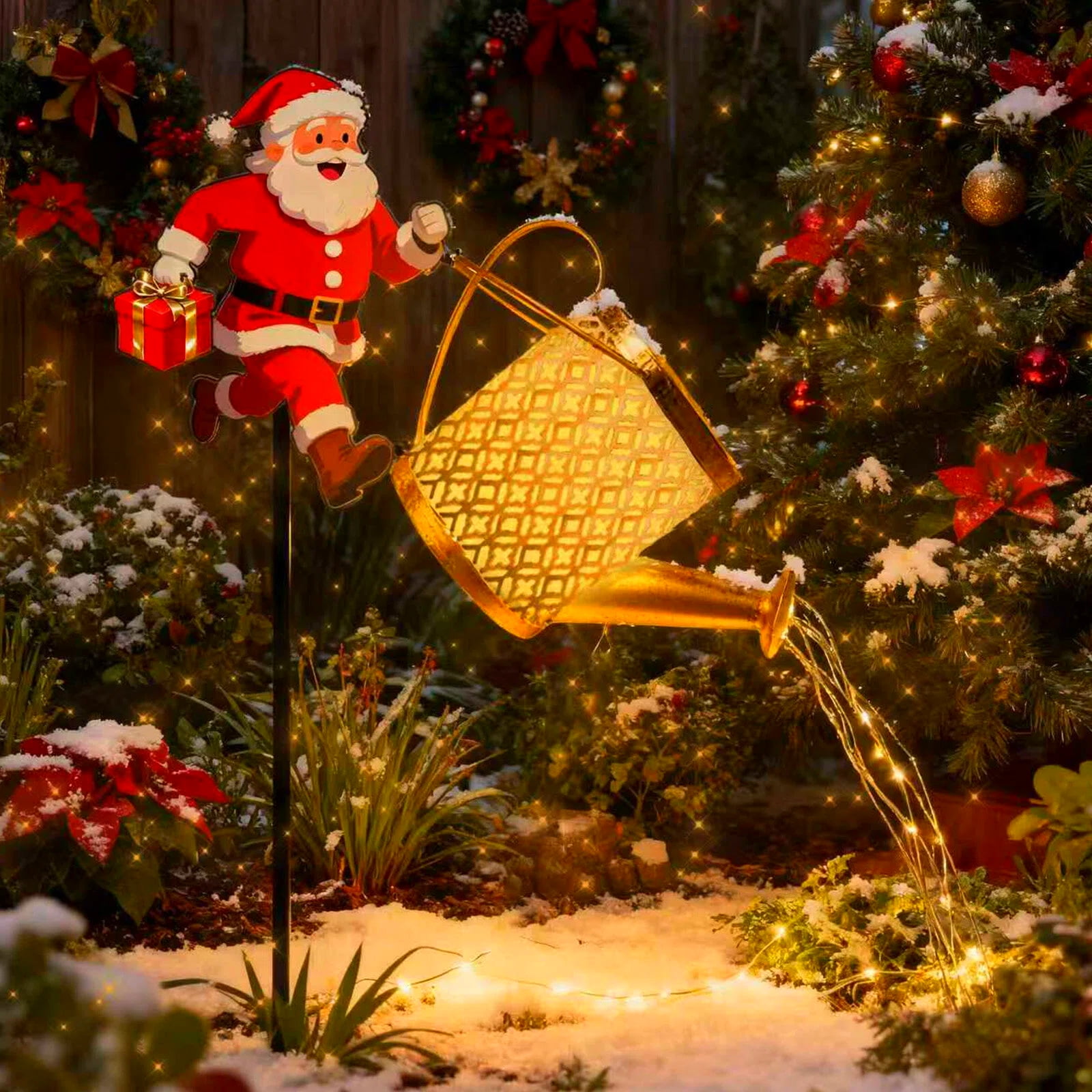 Christmas Gold Solar Running Santa Kettle Lights Garden Lawn Decorative Lights,Garden Solar Watering Can Light Christmas Ground Light Outdoor Xmas Yard Decor Lamp for Outside Gardens Gift Lawn Patio