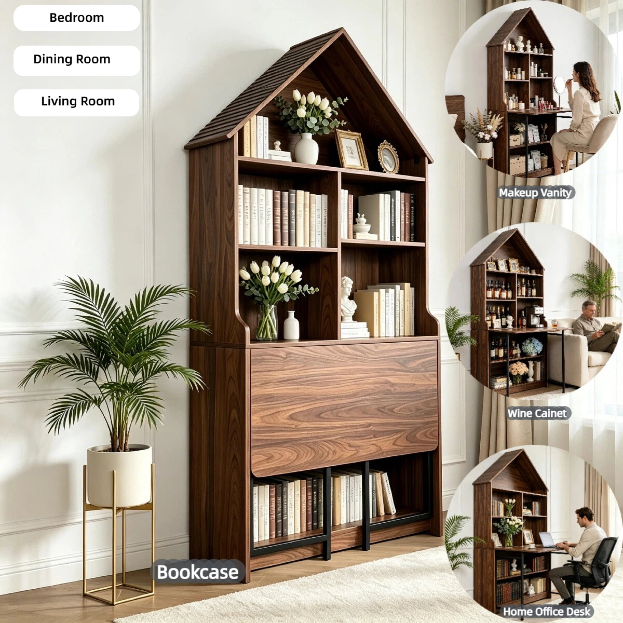 Leumius Folding Craft Desk with Storage Shelves, Convertible Hideaway Desk to Bookshelf, Foldable Desk with Storage, Disappearing Desk for Living Room Home Office Walnut