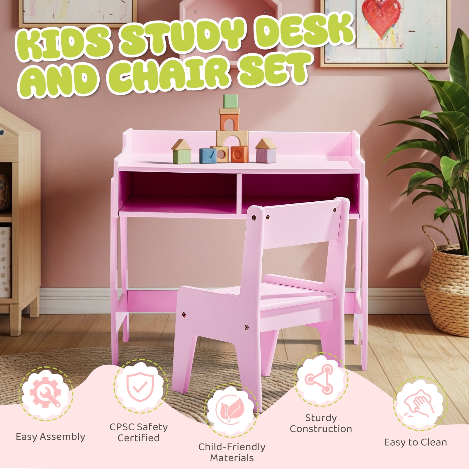 GoDecor Kids Study Desk and Chair set, Children Learning Table with 2 Storage Draws, Small Toddler Desk for Home School, Pink