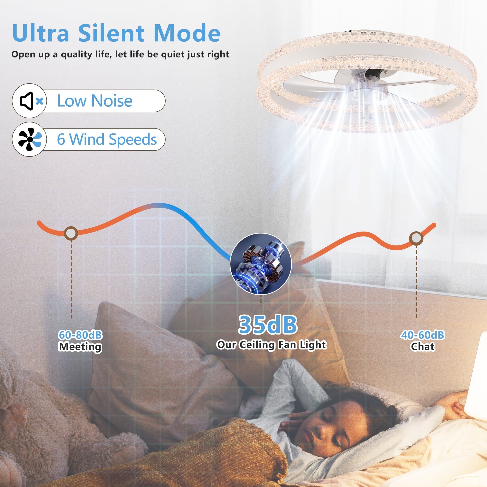 Aezusy Modern 20" Ceiling Fan with Light, Dimmable LED Ceiling Fixture with Invisible Blades & Crystal Accents Remote App Control Quiet Adjustable Color Temperature Fan for Bedroom & Living Room