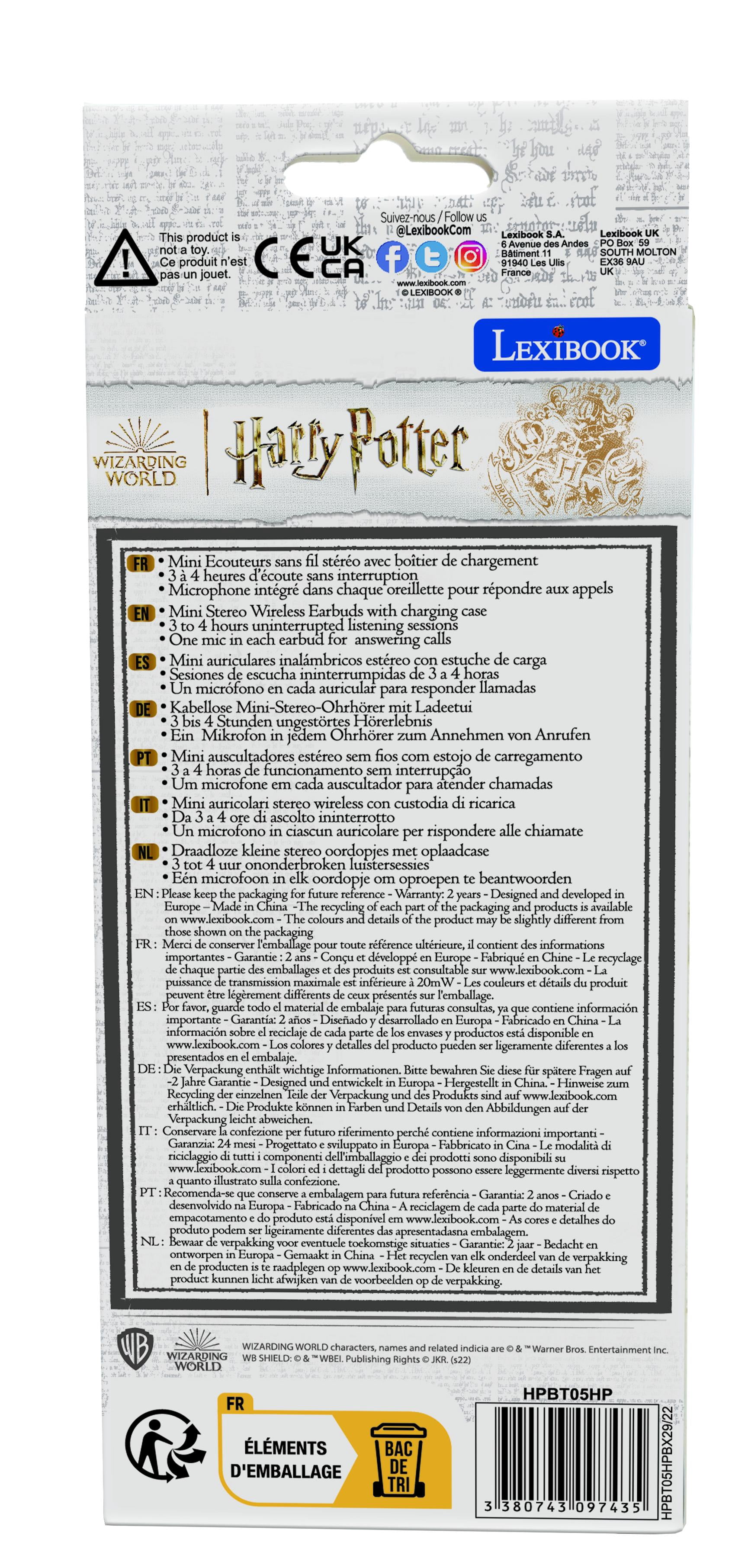 Lexibook Warner Harry Potter, Wireless earbuds, Bluetooth with integrated microphone and control buttons, Long life rechargeable battery