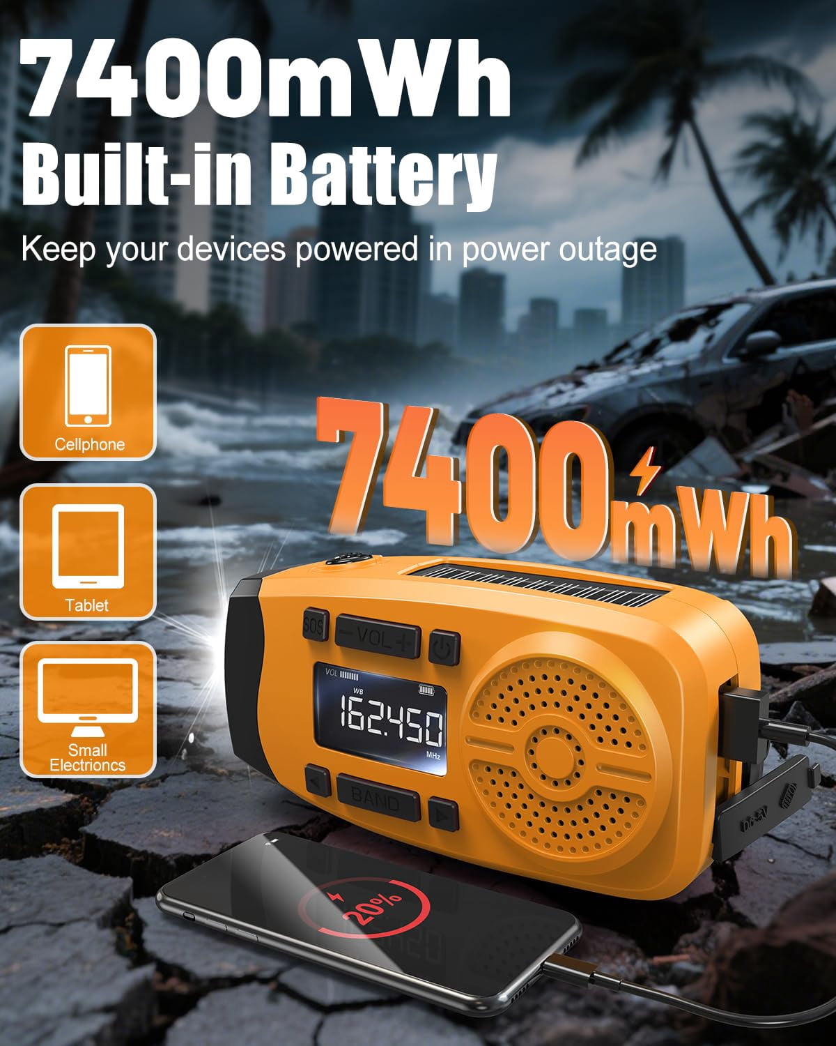 Emergency Weather Radio  7400mwh Hand Crank With Lcd Display Support Alert Usb/solar/hand 1w Flashlight&sos Alarm For Outdoor&home (orange)