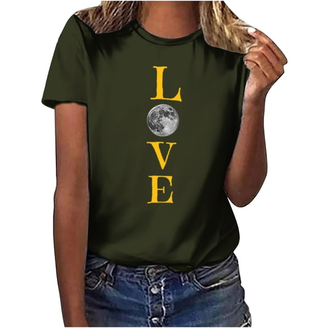 Penkiiy T-Shirt Musulman Ramadan pour Femmes T-Shirts Graphiques Mignons pour Femmes Col Rond Manches Courtes Imprimé Lune T-Shirt Décontracté 2TG Vert Armée