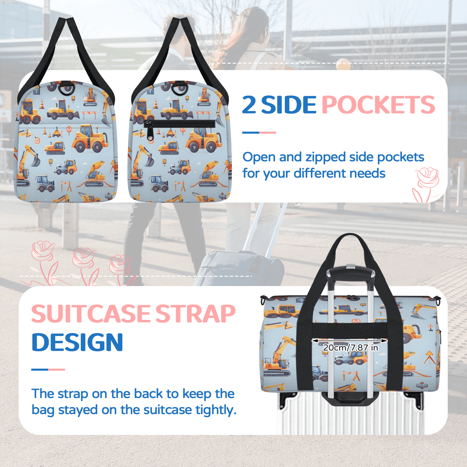 Herdesigns Excavator Travel Duffle Bag Sports Yoga Weekender Overnight Carry on Workout Bags Lightweight Waterproof Gym Tote Bag for Women Cartoon Tractor Machinery Trucks