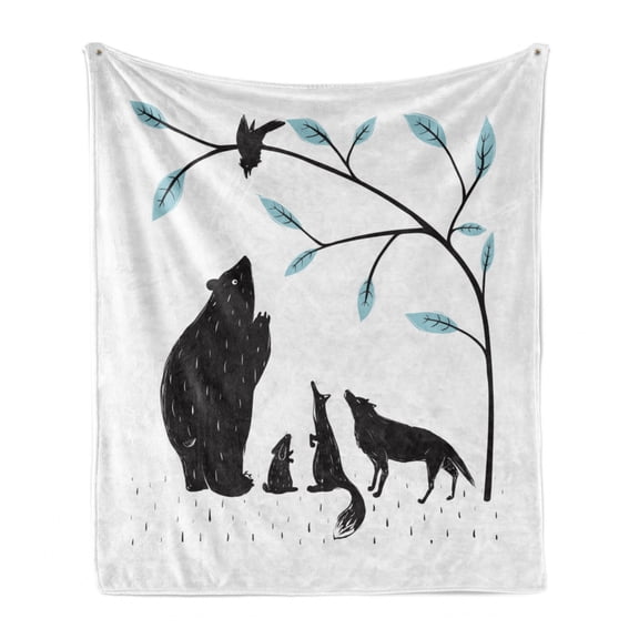 Animal Print Soft Flannel Fleece Throw Blanket, Design Forest Fauna Bear Crow Fox Wolf Rabbit, Cozy Plush for Indoor and Outdoor Use, 70" x 90", Charcoal Grey Slate Blue, by Ambesonne
