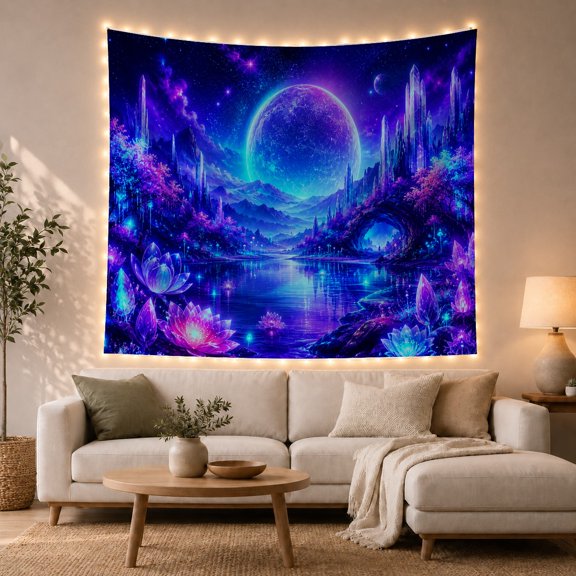 Cosmic Lotus Landscape with Celestial Body in Starry Sky, Dreamy Surreal for Space Enthusiasts, Fantasy Wall Art Decor, Housewarming Gift, Tapestry Wall Hanging for Bedroom and Living Room