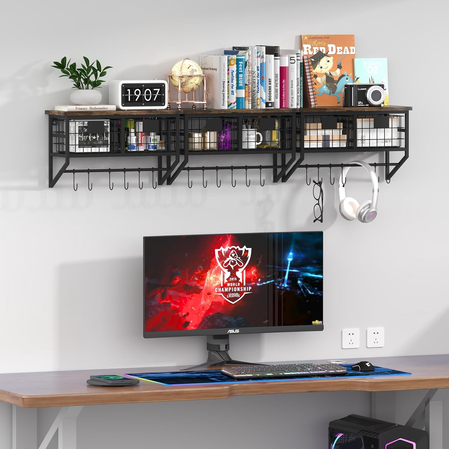 Industrial Wall Mounted Metal Wood Floating Shelves with Baskets Hooks Hanging Display Shelf Sundries Holder for Coffee Bar Kitchen Bathroom Organization and Home Decor, Black (16inch, 2 Sets)