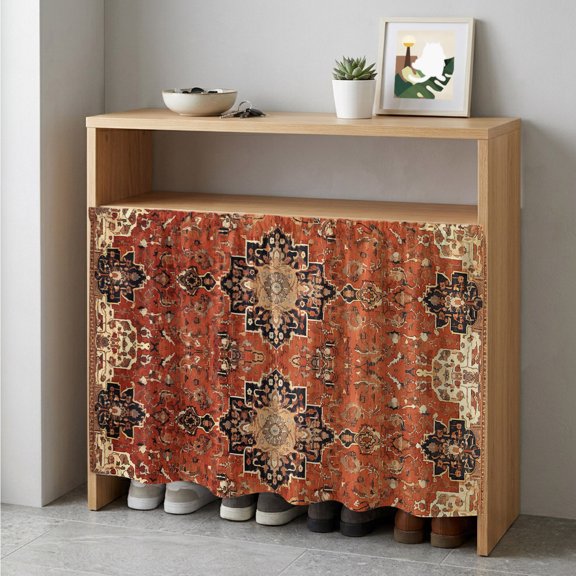 Brown Red Cabinet Curtain 35"Wx35"L,Dustproof Under Sink Skirt with Self Adhesive Tape,Vintage Boho Ethnic Geometric Abstract Art Cabinet Curtain Cover for Kitchen Sink,Bathroom Vanity,Laundry Room