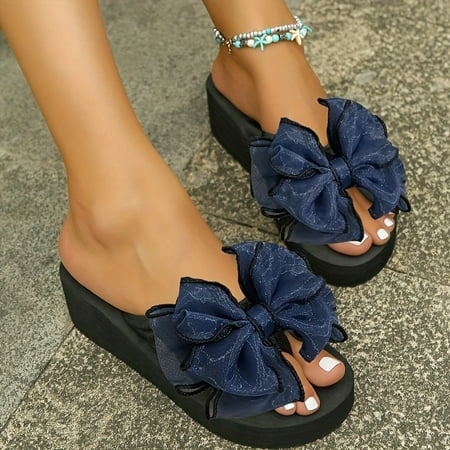 

Women s Bowknot Vacation Beach Wedge Slides Decor Platform Flip Flops Slip On Casual Non-slip Summer Slides