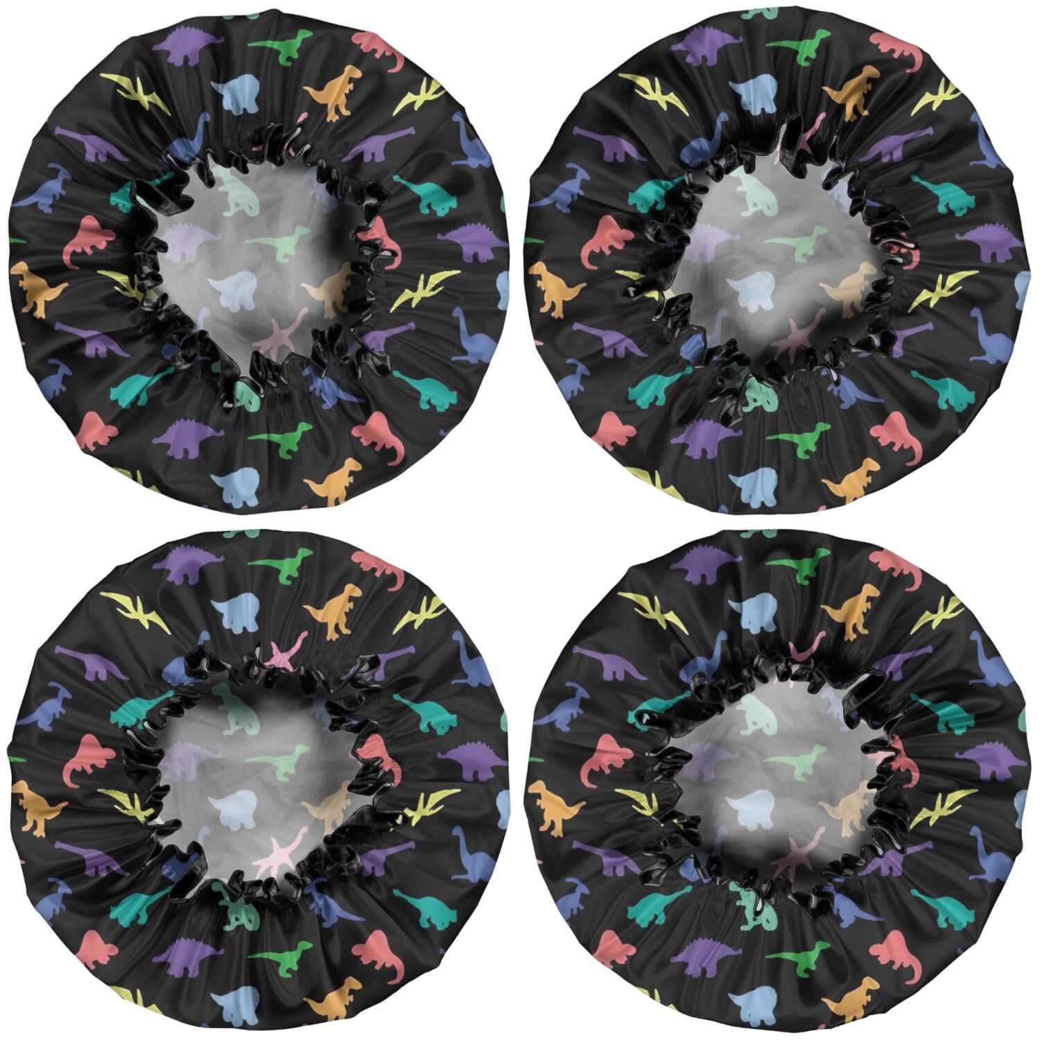 Shower Caps,Black Colorful Dinosaurs Silhouettes Pattern Waterproof Shower Cap for Women 4 Pieces,Double Reusable Hair Cover for Shower PEVA Elastic Stretch Hem