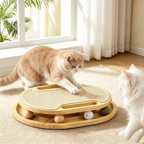 Wooden Cat Toy, Sisal Cat Scratching Board with Rolling Balls, Interactive Self Play Cat Toy for Indoor Outdoor Kittens & Adult Cats, Stress Relief Cat Grinding Claw Toy