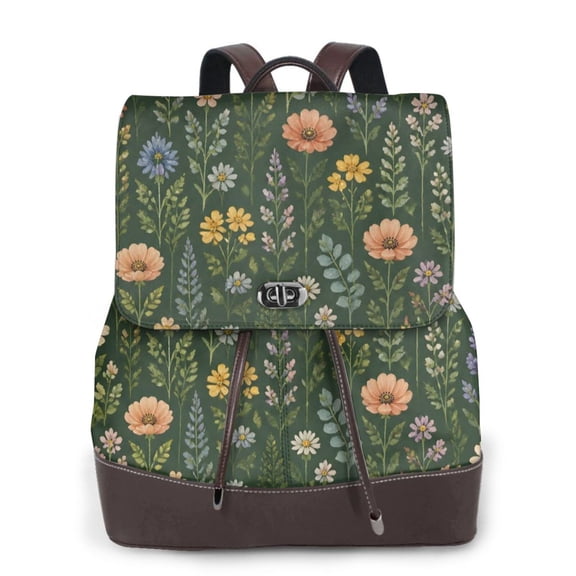Dark Green Wildflower Women's Leather Backpack All-Over Print Bag for Work and Travel
