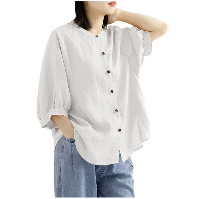 HomeGardon 3/4 Length Sleeve Womens Tops Summer Tops for Women 2025 Women‘s Casual Oversize Solid Color Round-Neck Hooded 3/4 Sleeve T-shirt Tank,M-XL
