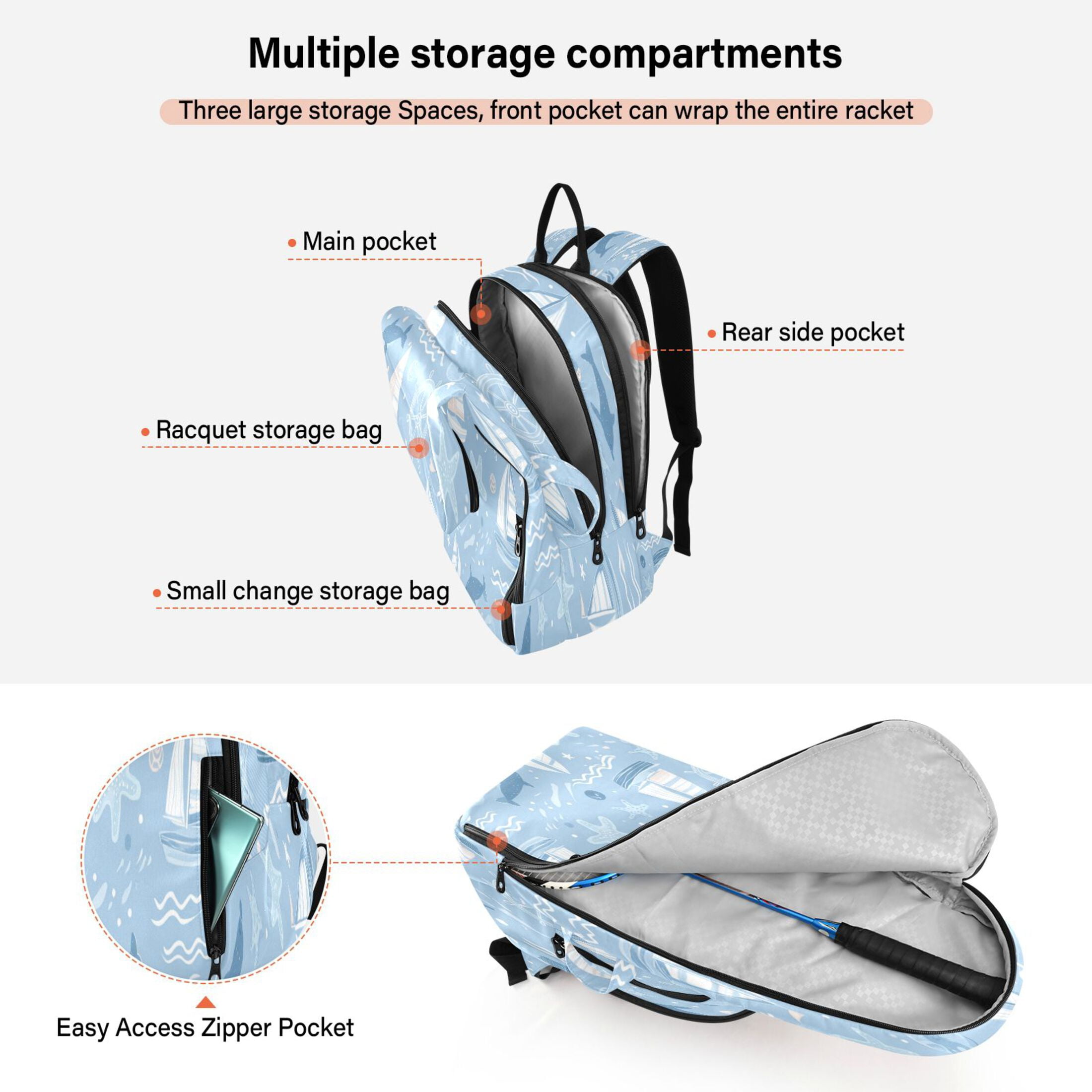 2 Racquet Holder Tennis Backpack Tennis Racket Covers Gym Bags Light Blue Marine Animal Design