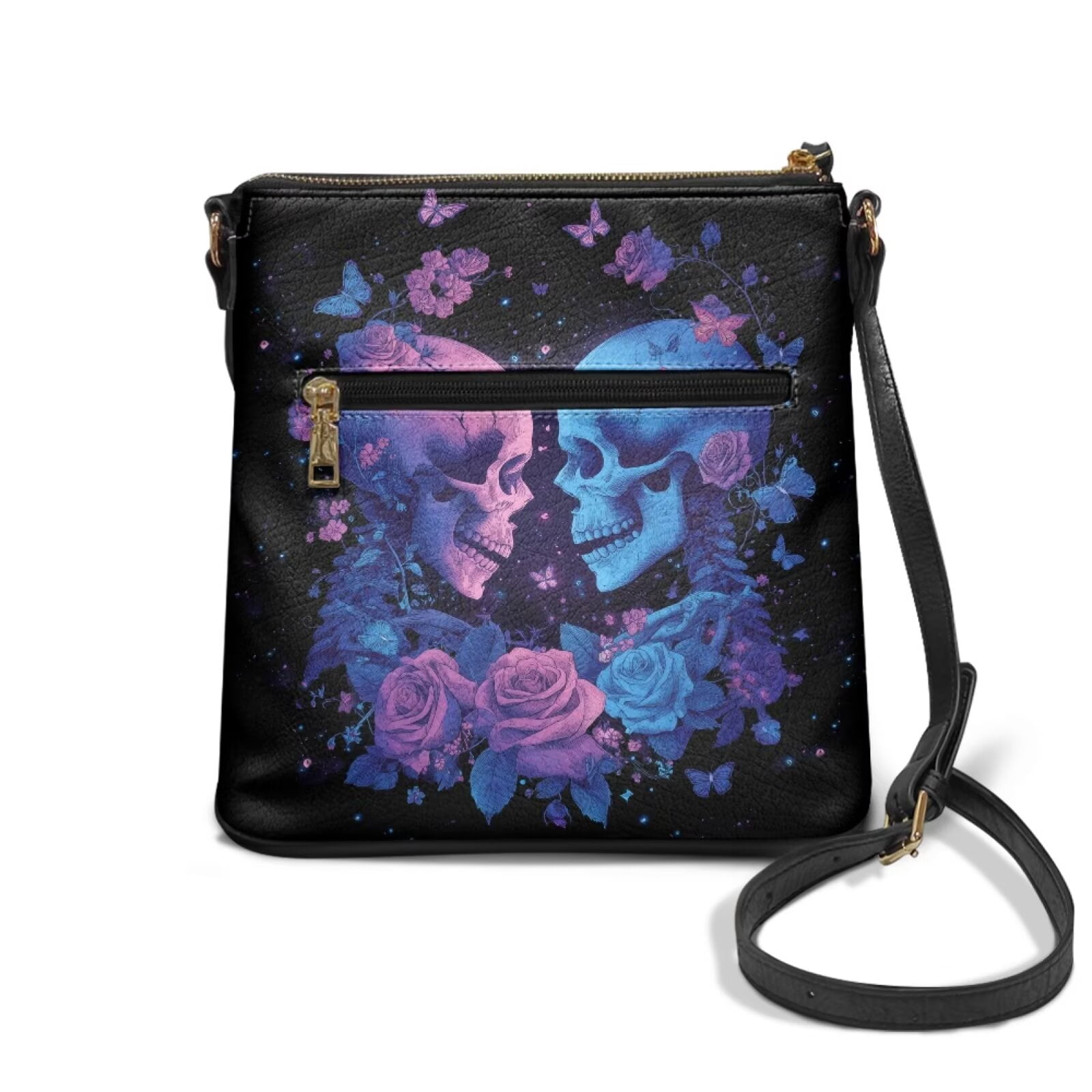 DISNIMO Skeleton Rose Print Crossbody Bag Purse for Women PU Leather Messenger Handbag with Adjustable Strap Stylish Shoulder Bag for Work Daily Use Shopping