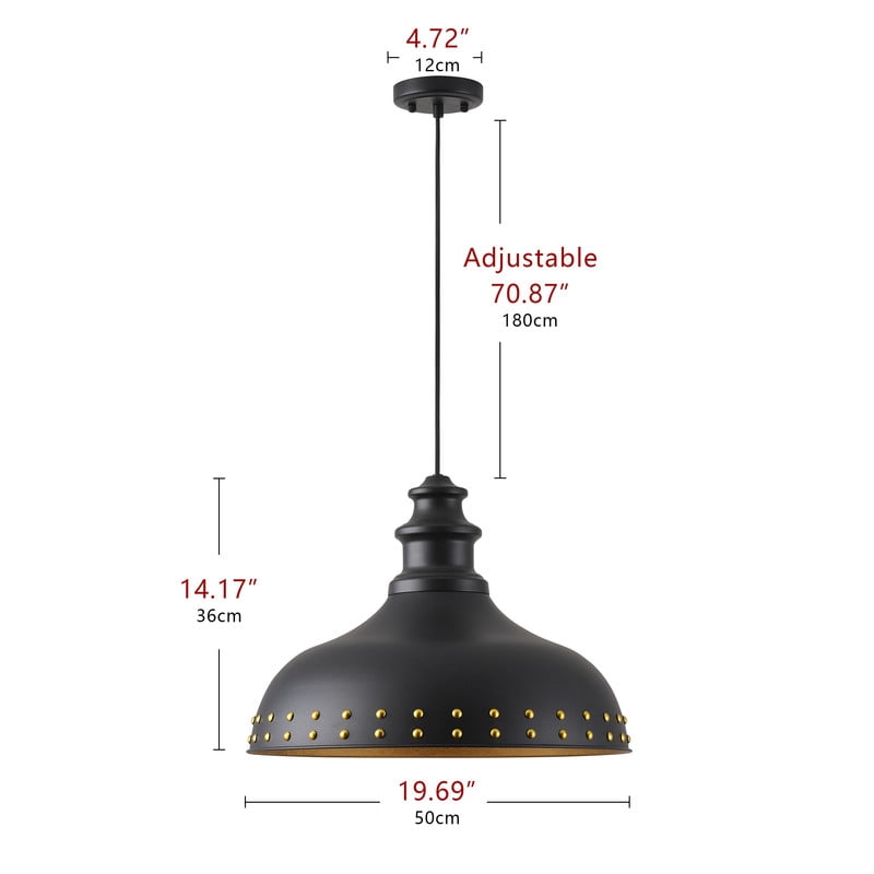 Aiwen Matte Black Dome Pendant Light, Rustic Dining Room Light Fixture with Rivet Shade, 20 inch