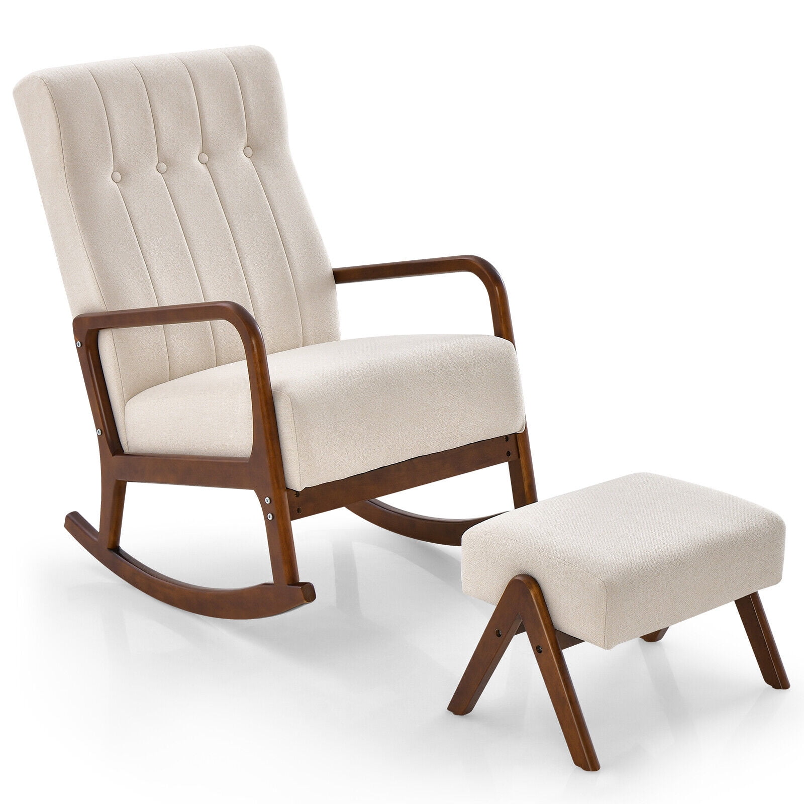Amijoy Nursery Rocking Chair w/ Ottoman, Upholstered Rocker Chair w/ Footrest, Stable Rubber Frame & Tufted Backrest, Modern Rocking Chairs