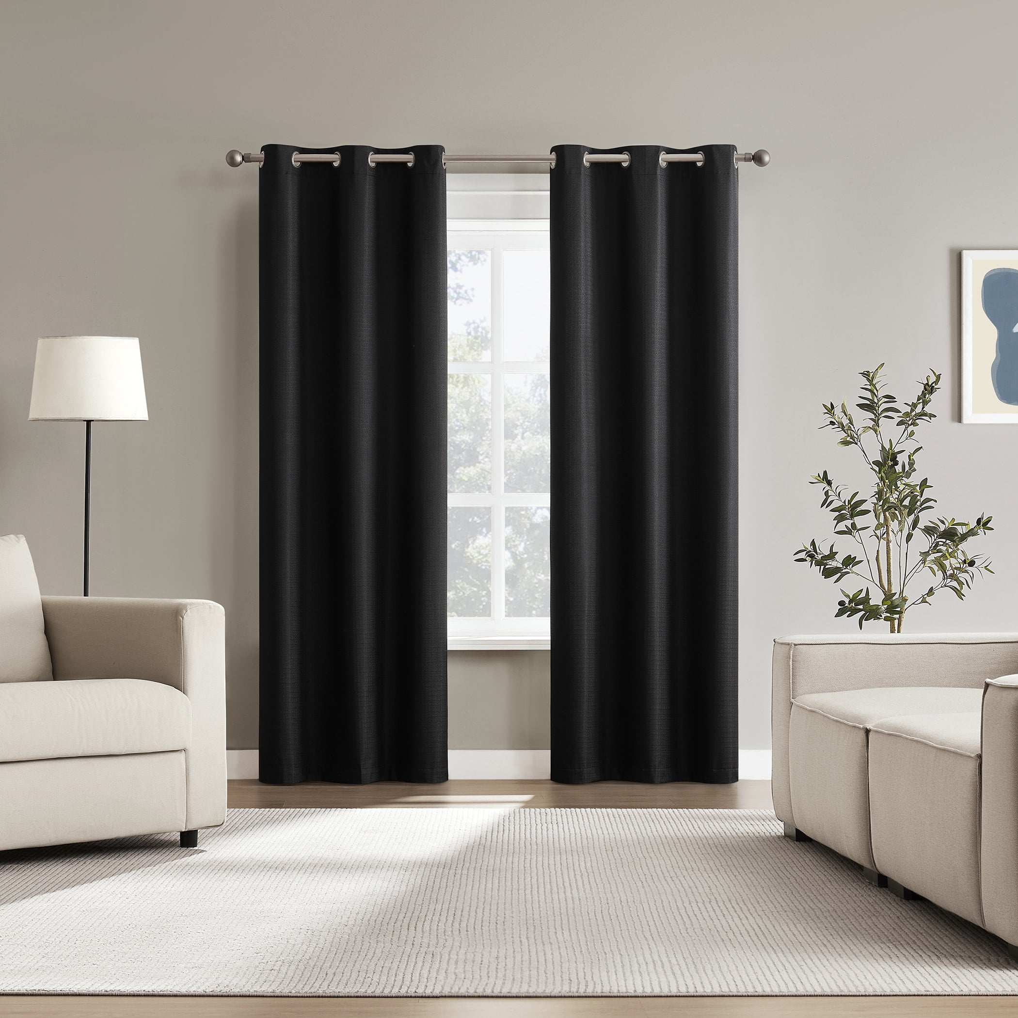 Sun Zero Bryant 2-Piece Textured Thermal Insulated 100% Blackout  Grommet Top Curtain Panel, Black, 37”W x 108"L