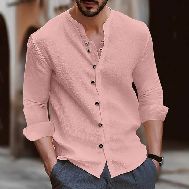 Blusas y camisas de manga larga con cuello redondo para hombre, blusa informal de moda lisa con cuello redondo y botones, blusa de manga larga para hombre.