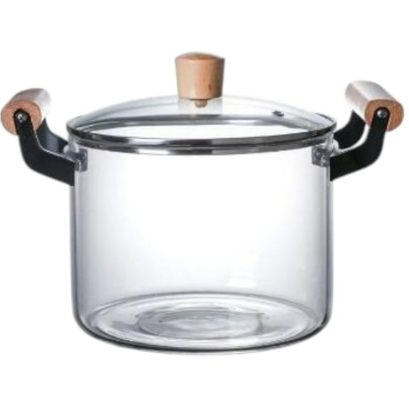 STP GOODS Heat-Resistant Glass Stockpot with Glass Lid 3.7 Qt (3.5 L) Borosilicate Glass Cooking Pot with Wooden Handles Kitchen Pot Cookware Stock Pot Soup Pot, Clear