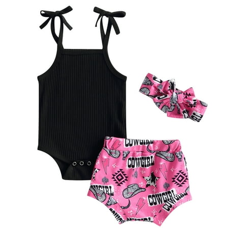 

Vakind Baby Girl 3 Piece Clothes Set Knitted Suspenders Bodysuit Top+Shorts Headband