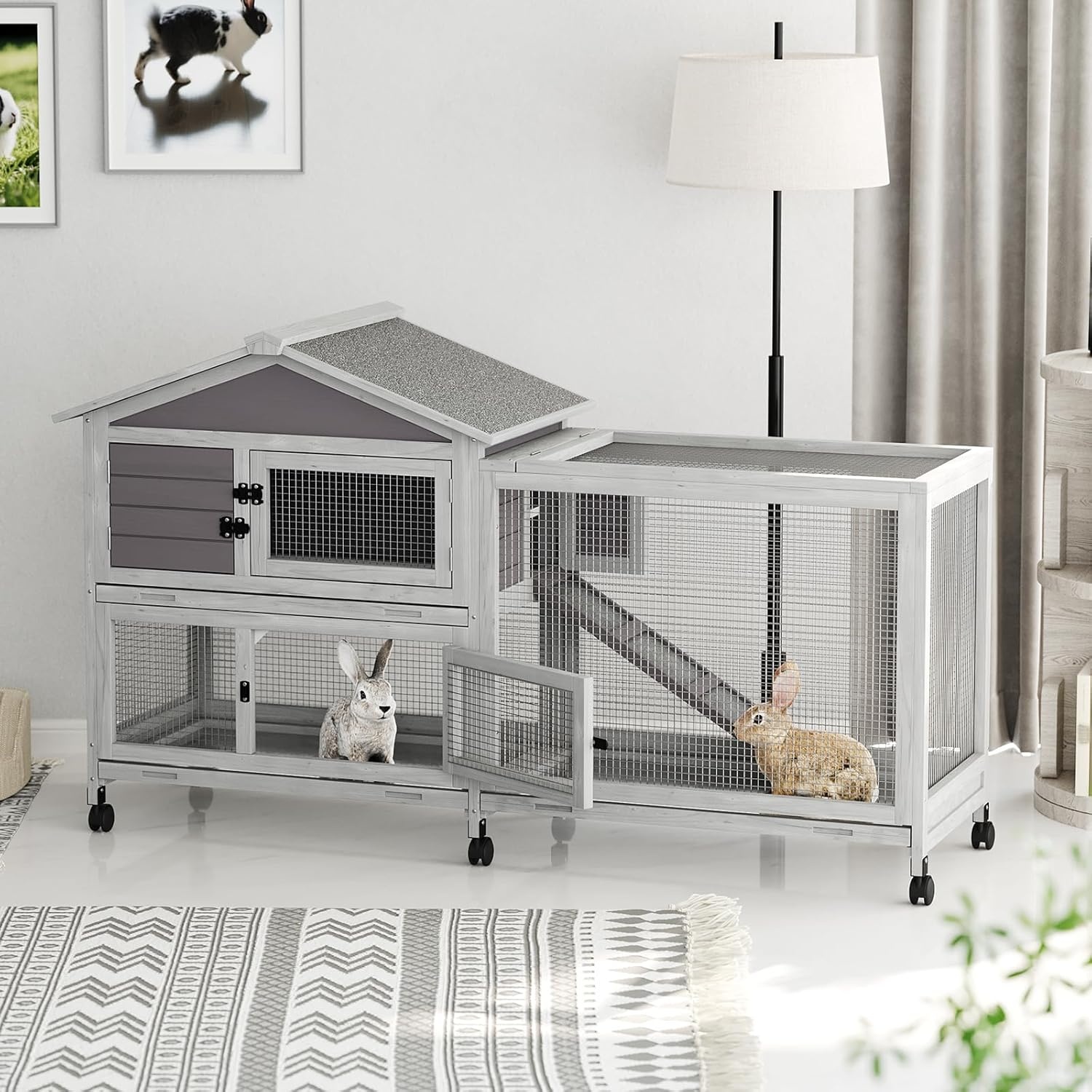 Rabbit Hutch with Weatherproof Roof, Bunny Hutch with 6 Lockable Caster Wheels & Pull-Out Tray, Rabbit Cage for Indoor Outdoor Use
