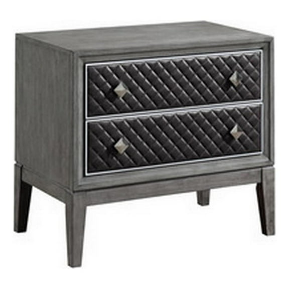 Stacy 29 Inch Nightstand- 2 Faux Leather Upholstered Drawers- Gray Wood
