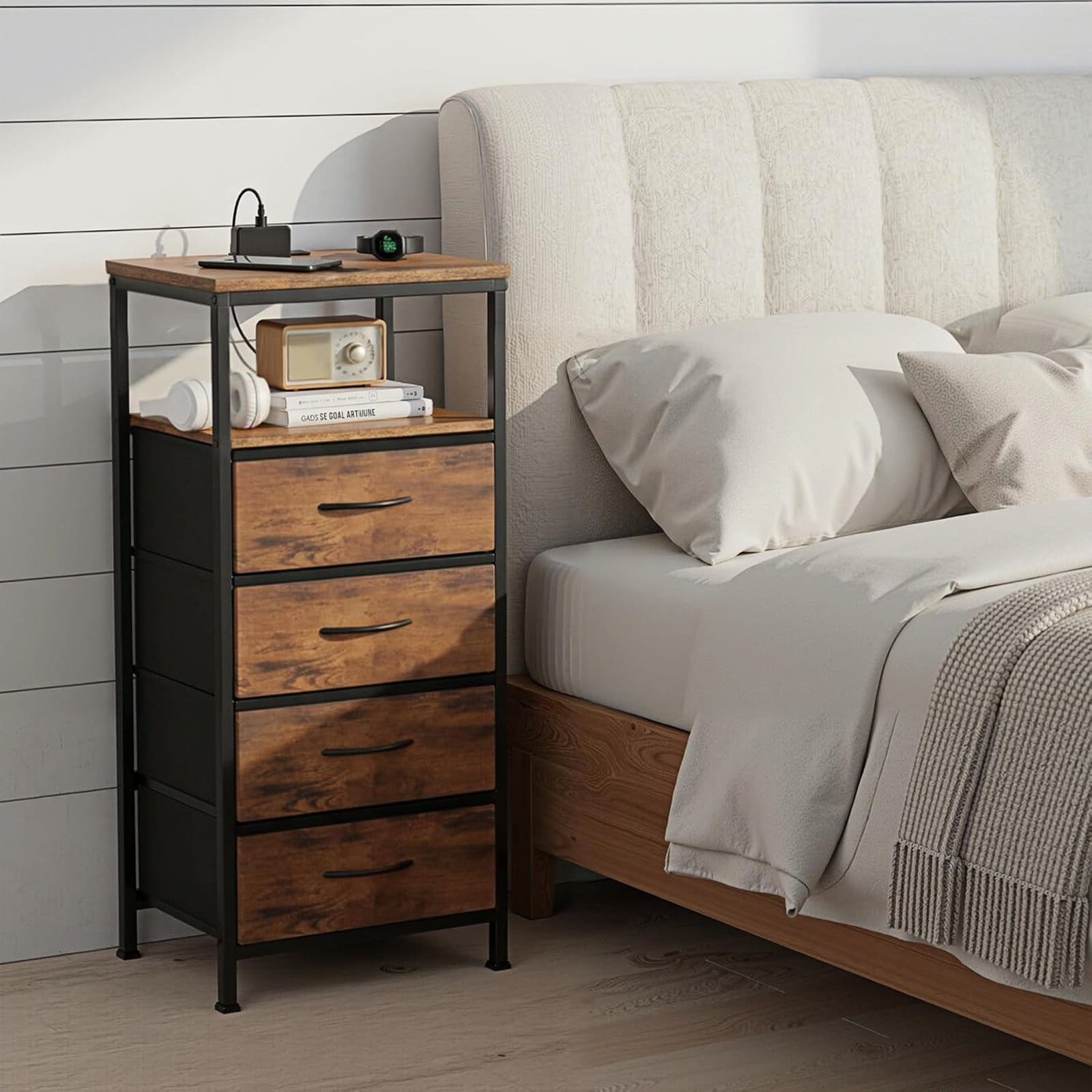 Nextay 4 Fabric Drawers Nightstand with Charging Station, LED Light Strip Bedside End Table with USB/Type-C Ports and Outlets for Bedroom, Rustic Brown