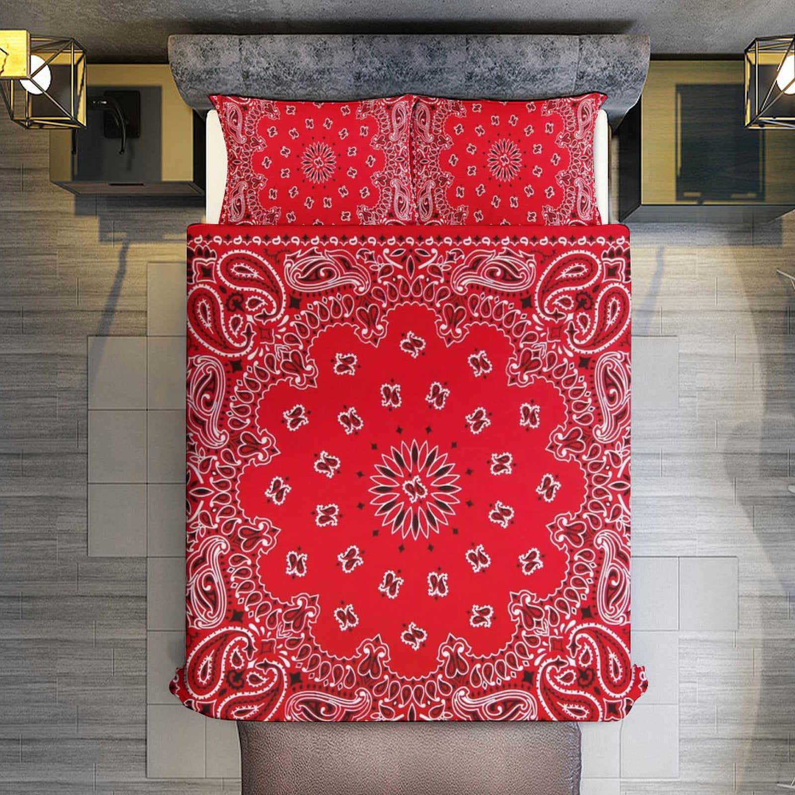 3 Pcs Soft Bedding Set, Includes 1 Duvet Cover with Zipper And 2 Pillow Shams,Bandana - Red Art Twin(86"x70")
