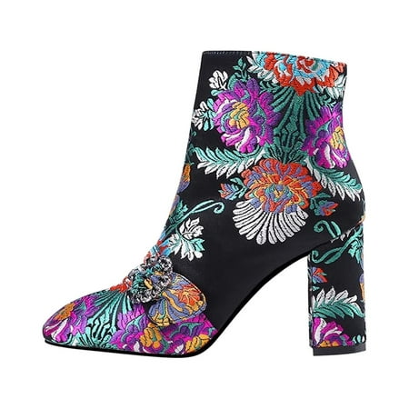 

BELLZELY Wide Width Women Shoes Clearance Ethnic Style Embroidered Short Boots Retro Medium High Heels Painted Fashion Boots