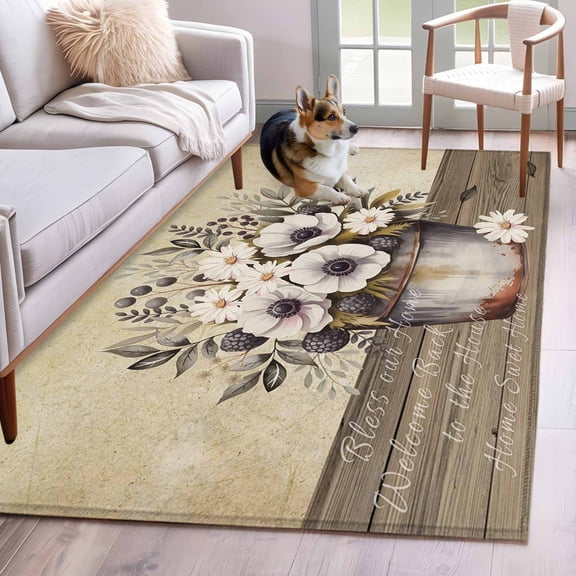 3'x5' Rug for Living Room Bedroom, Farmhouse Flowers Washable Area Rugs Non-Slip Carpet Mats, Retro Floral Leaves Country Wood Board Indoor Low Pile Area Rug Runner for Kitchen, Mudroom