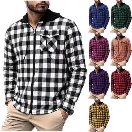 Men s Hooded Plaid Shacket Zip Up Checkered Shirt Jacket with Drawstring Hood Casual Long Sleeve Outwear Coat with Pocket for Travel White XXXL