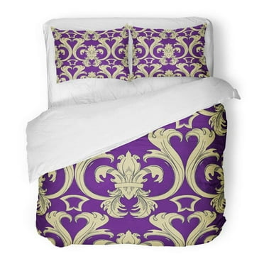 FMSHPON 3 Piece Bedding Set Antique Fleur De Lis in Purple and Light Gold Colors Baroque Brocade Classic Contour Twin Size Duvet Cover with 2 Pillowcase for Home Bedding Room Decoration