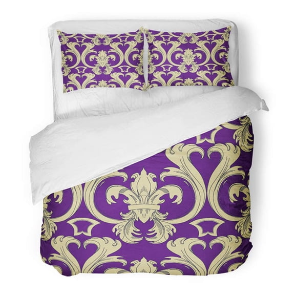 FMSHPON 3 Piece Bedding Set Antique Fleur De Lis in Purple and Light Gold Colors Baroque Brocade Classic Contour Twin Size Duvet Cover with 2 Pillowcase for Home Bedding Room Decoration