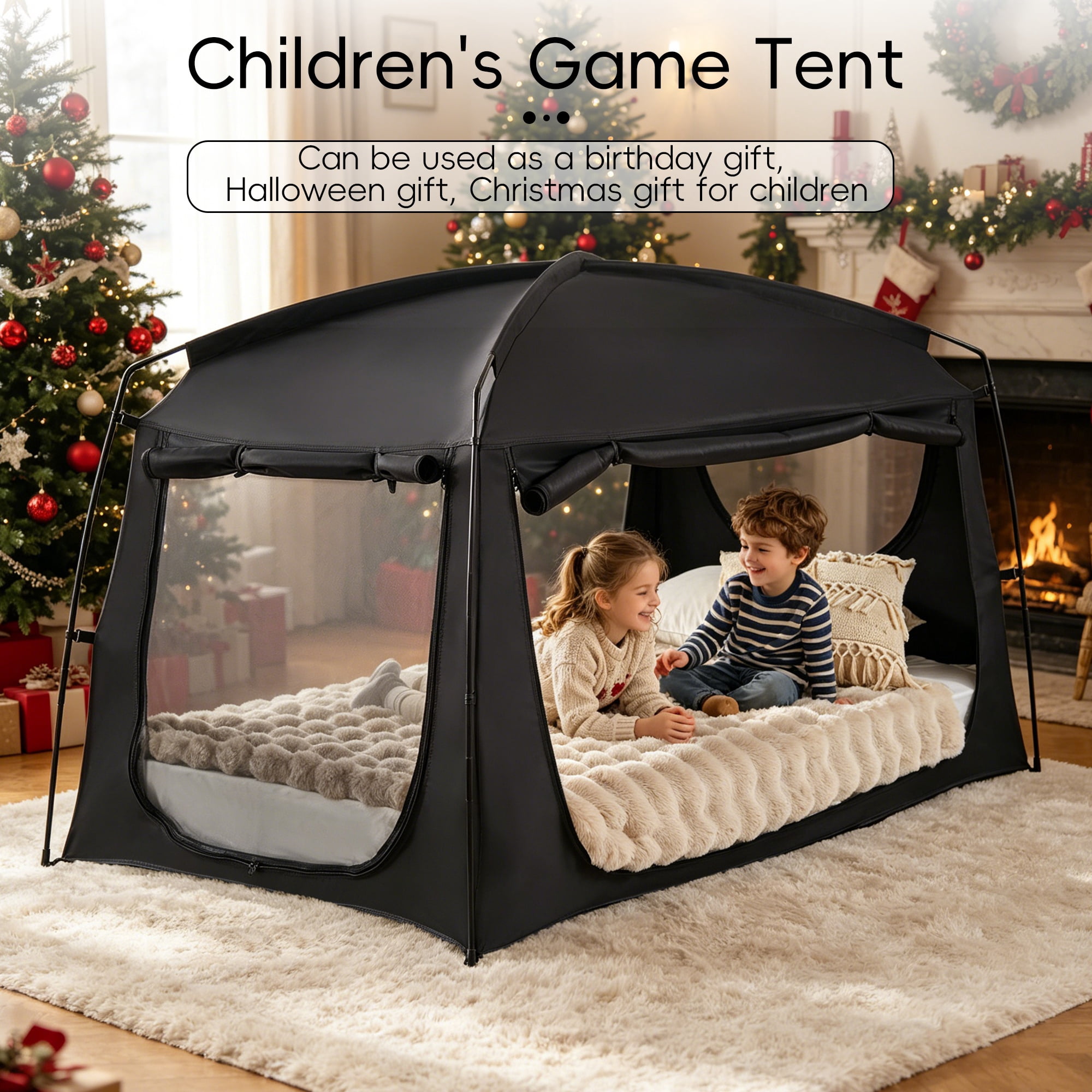Black Privacy Twin Bed Tent for Adults Kids,Blackout Sleep Bed Tents Canopy with Breathable Mesh Windows